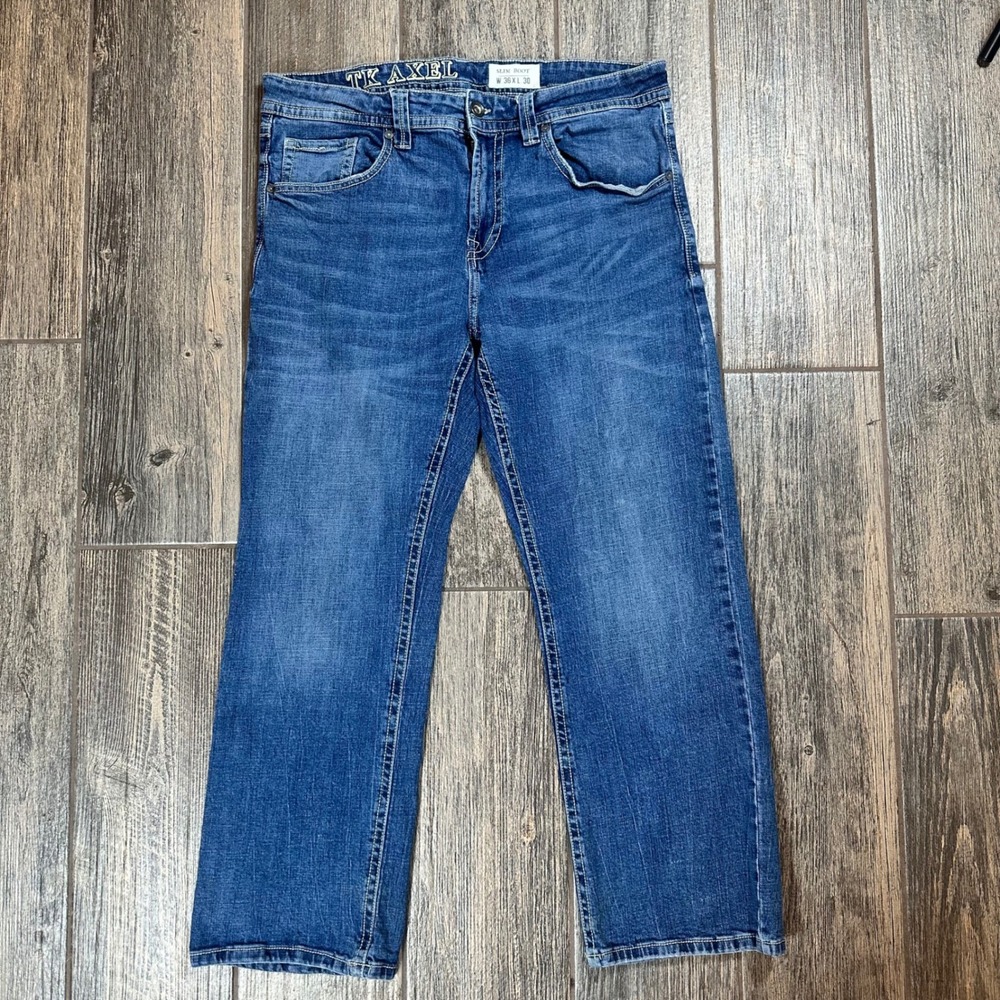 TK AXEL Men's Slim Boot Jeans Blue Wash Size 36x30 Distressed Pockets